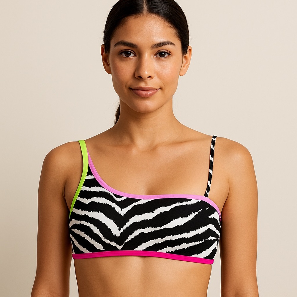 California Waves Zebra Print Bikini Top Size S One Shoulder Neon Trim